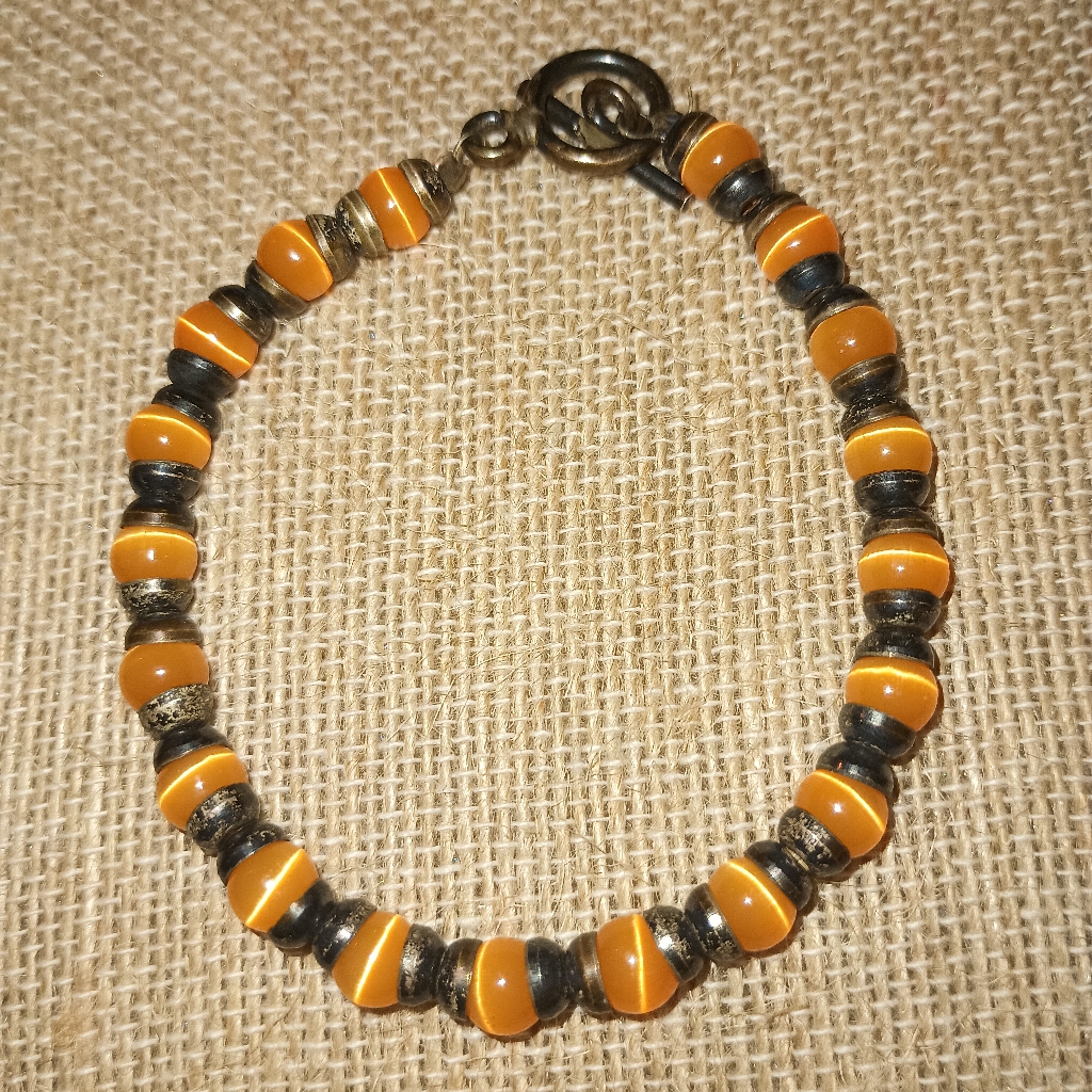 Sterling Silver Toggle Bracelet W/ Orange Gemstones 7 1/2